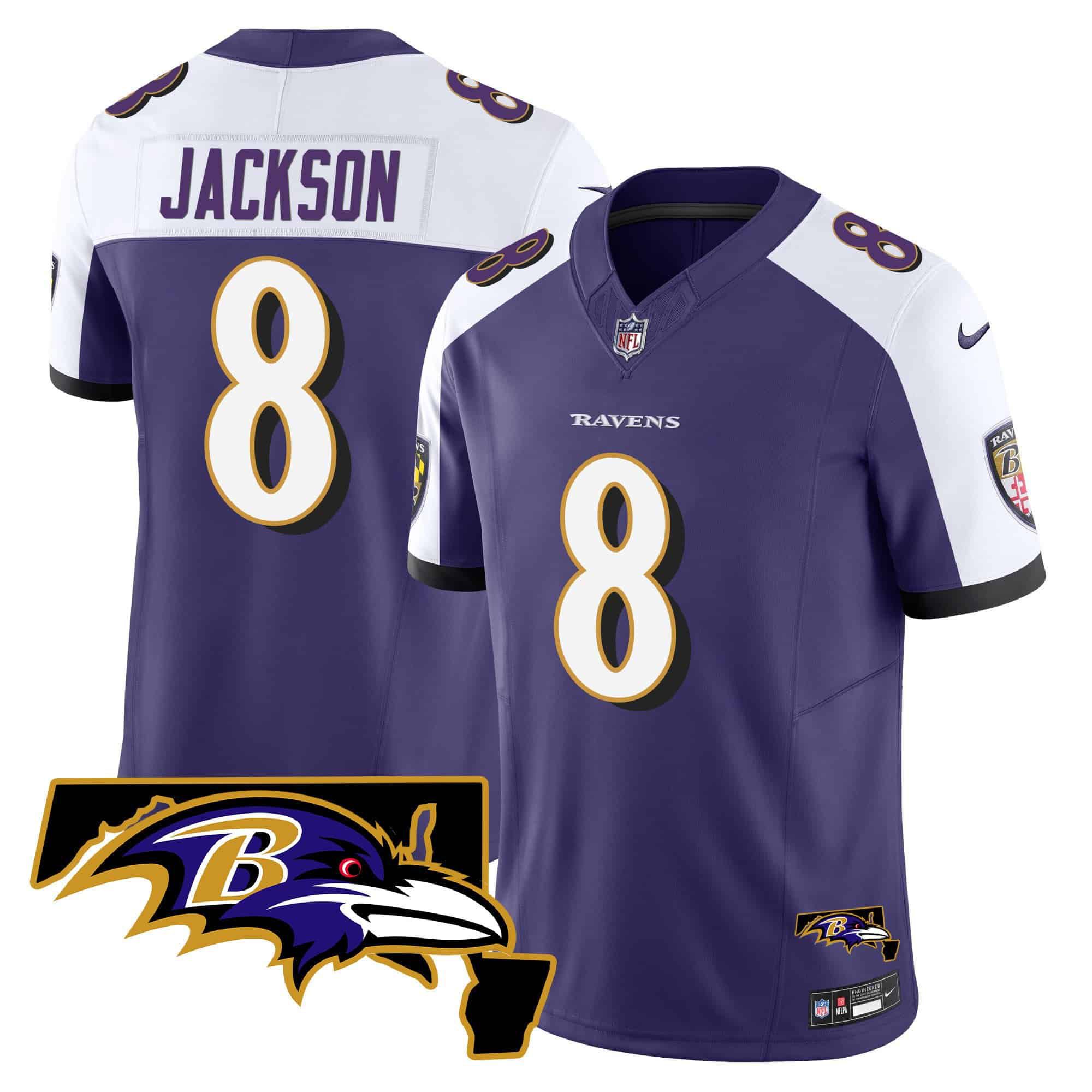Men Baltimore Ravens 8 Jackson Purple 2024 Nike Maryland Patch Vapor Limited NFL Jersey